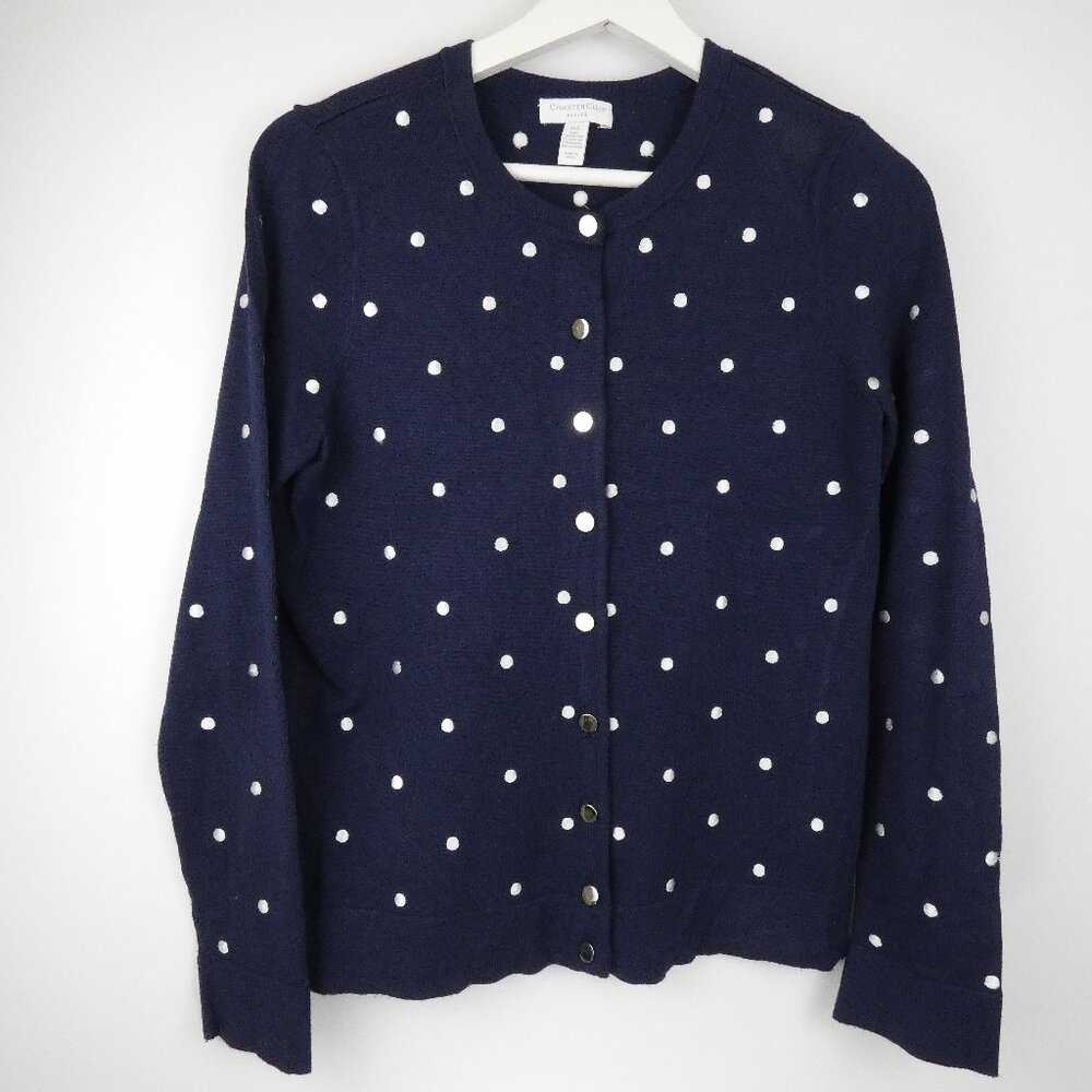 Charter Club Cardigan Womens PS Navy Button Long Sleeve Embroidered Polka Dot